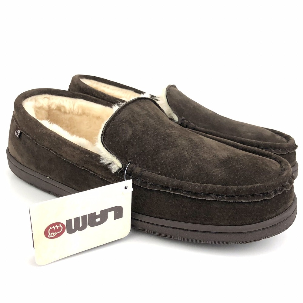 Lamo Harrison Slippers Men's Size 12 Brown Suede Leather Rubber Sole Moccasin